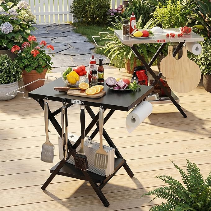 Feasto Outdoor Grill Table, Foldable Pizza Oven Stand & Griddle Stand with Garage Rack & Tissue Holder, Folding Outdoor Prep Table for Gathering and Party, 30" x 24", Black