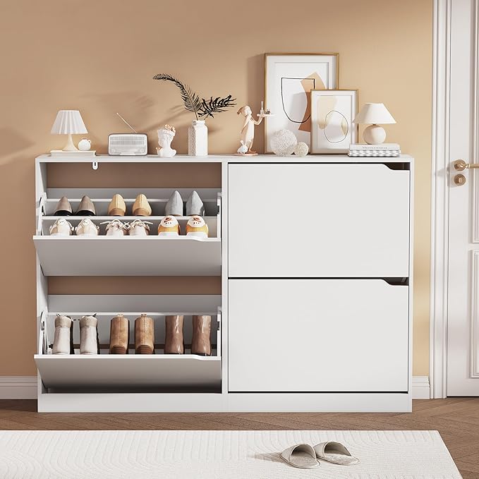 Shoe Storage Cabinet, Wood Shoe Organizer for Entryway with 4 Flip Drawers, Freestanding Shoe Rack with Adjustable Shelf, Narrow Shoe Dresser for Front Door Entrance(White, 47.24" x 32.28" x 9.44")