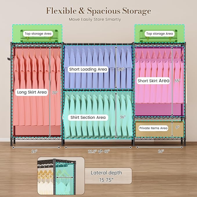 Golpart Coat Rack Clothes Wardrobe：Closet Organizer and Storage Clothing Garment Rack with Shelves Heavy Duty for Hanging Clothes Portable Adjustable Black 15.8" DX(70-88)" WX76.5 H