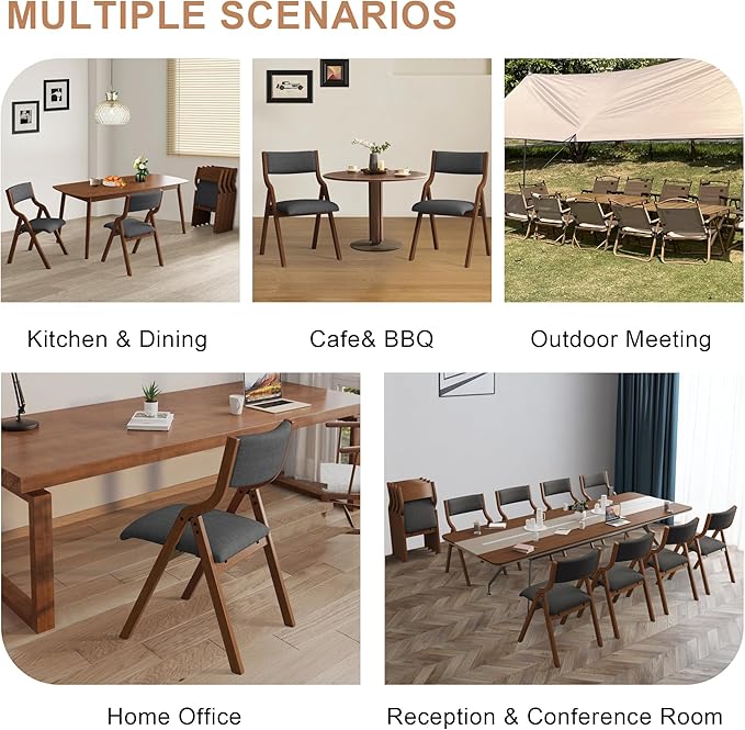 Ball & Cast Upholstered Folding Chairs Set of 2,with Ergonomically Designed Back and Solid Wood Frame,Portable Activity Meeting Chair, for Dining Room,Outdoor Events,No Assembly Required,Grey+Walnut