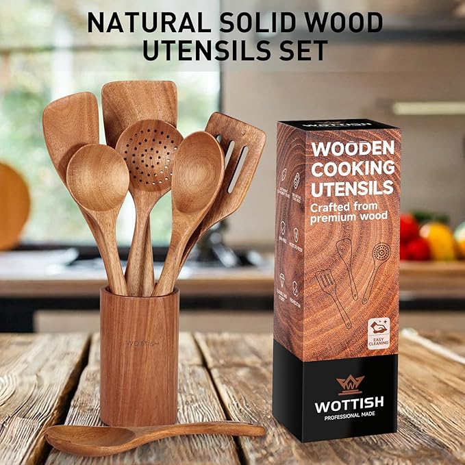 Wooden Spoons for Cooking - 8-Piece Wooden Kitchen Utensil Set made of Natural Solid Wood Material-Includes Spoons,Spatulas,Ladles,Mixing Spoon and Utensil Holder,Valentine's Day Gifts