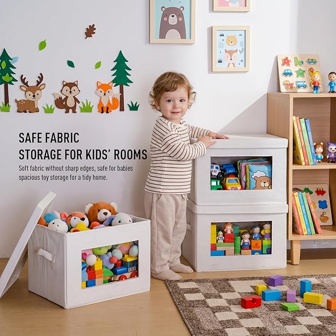 4-Pack Storage Bins with Lids, Fabric Foldable Storage Bins with Soft Cord Handles, Cube Closet Storage Baskets with Lids, Organizers for Organizing Clothes and Books, Beige