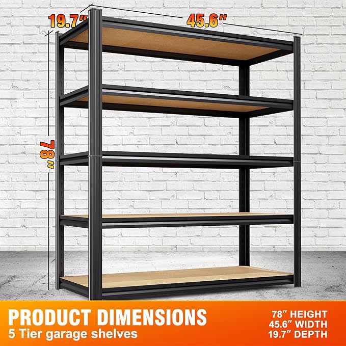 Storage Shelves,Adjustable Shelving Unit,5T Wood Garage Shelving ,Heavy Duty Garage Storage Shelves, Quick-Install Metal Shelving Unit Utility Rack Shelf for Warehouse, Pantry78'’H*45.6''W*19.7''D