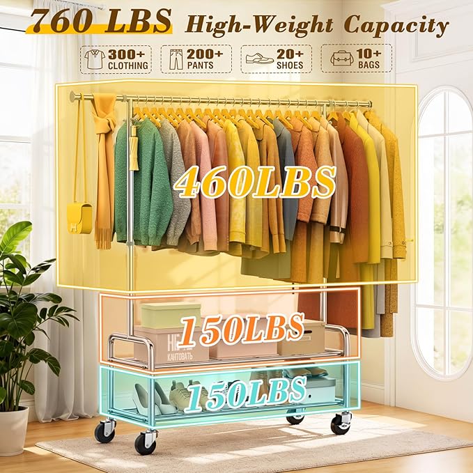 Heavy Duty Clothes Rack with Integrated Shelves Loads 760 LBS, Rolling Clothing Rack for Hanging Clothes, Stainless Steel Garment Rack with Sturdy Wheels Hooks, Portable & Adjustable Coat Rack