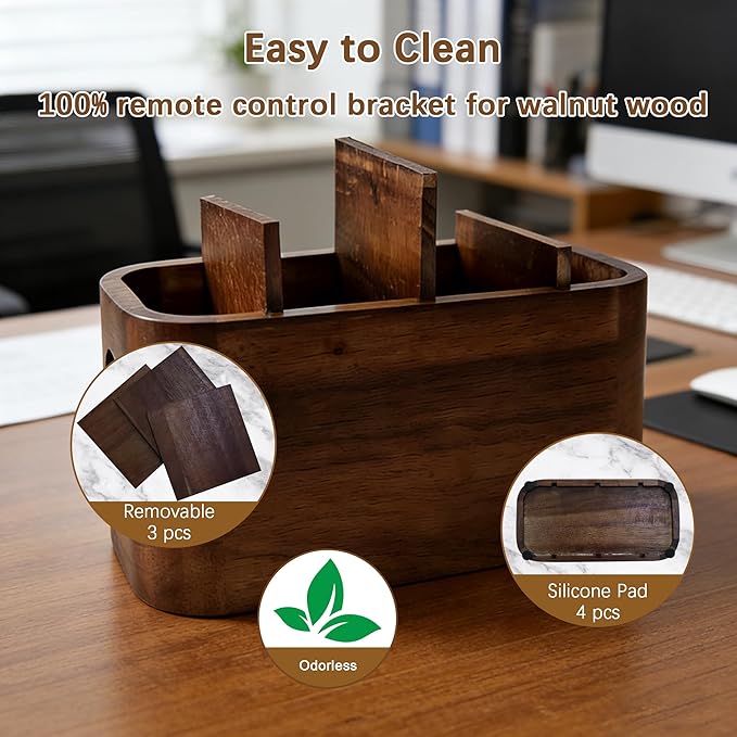 Acacia Wood Remote Control Holder, Walnut Color TV Remote Holder with 4 Adjustable Compartments, Wooden Remote Caddy Organizer for Table, Desk, Nightstand, Living Room, Office