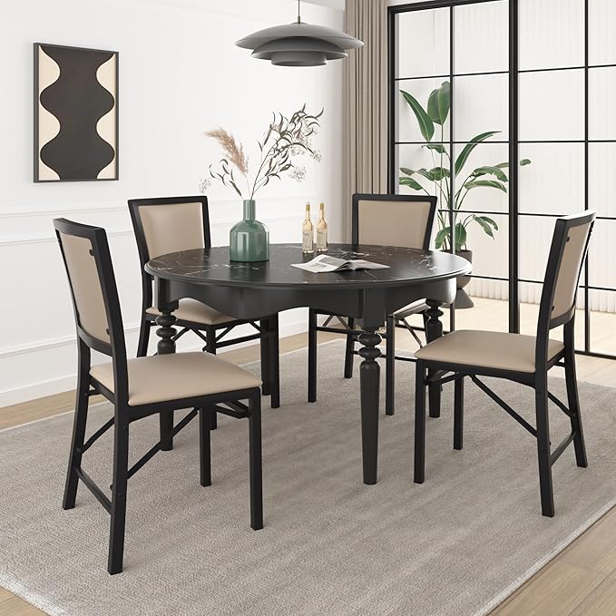 VECELO Folding Chairs Set of 4 with Cushion, Foldable Padded Seats with Heavy Duty Metal Frame for Kitchen/Dining/Living Room, No Assembly & Space Saving Design, Beige