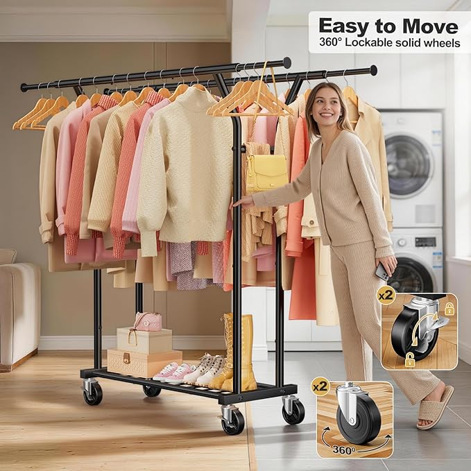 Heavy Duty Clothes Rack - Load 620 LBS, Rolling Clothing Rack for Hanging Clothes with Lockable Wheels & Shelves, Extendable Double Rod Garment Rack for Bedroom, Laundry, Living Room (Black)