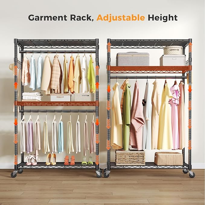 OLIXIS Clothes Rack Heavy Duty Adjustable Garment Clothing Rack with Wheels, Rolling Metal Freestanding Closet Organizer for Hanging Clothes with 2 Side Hooks, Double Rods, 47"x17"x80", Black