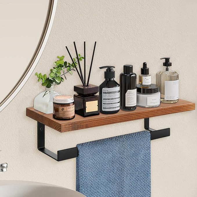 Hand Towel Holder/Towel Ring with Wooden Shelf, Hand Towel Rack, Hand Towel Hanger for Bathroom, Bath Accessories Wall Mounted, (Matte Black, 12"-Squ Shaped)