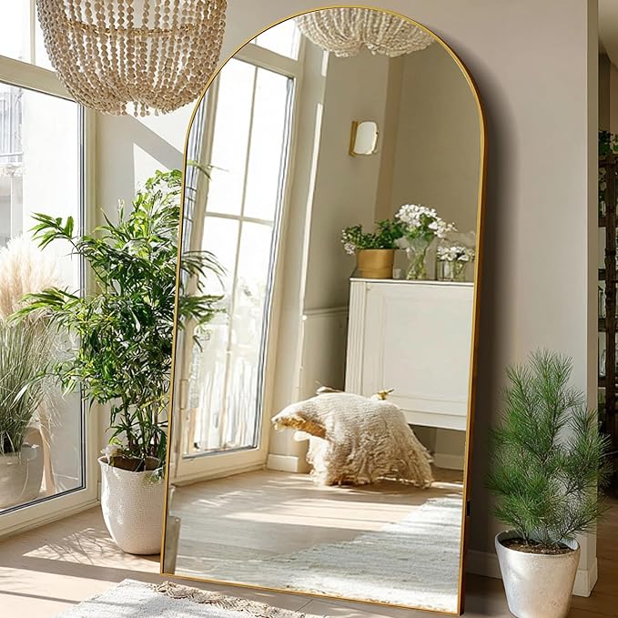 Beauty4U 79" x 39" Arched Full Length Mirror with Stand, Large Floor Mirror Full Body Tempered Glass, Gold Metal Frame Standing, Leaning or Wall Mounted Mirror for Bedroom, Living Room, Dressing Room