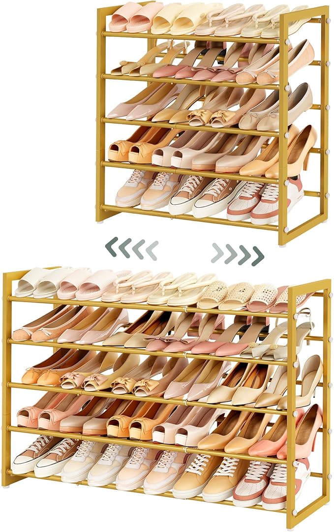 FAVOOSTY 5-Tier Expandable Shoe Rack, Adjustable Shoe Shelf Storage Organizer Space Saving Metal Free Standing Shoe Rack for Entryway Closet Doorway, Silver Grey (Gold, 5 Tier)
