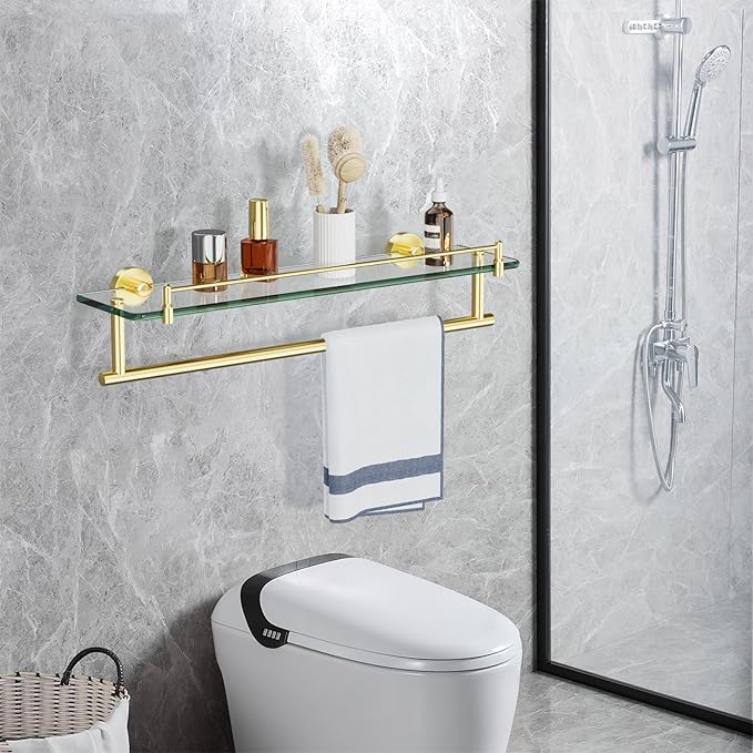 20 Inch Brushed Gold Bathroom Towel Rack with Tempered Glass Shelf, Wall Mounted Towel Holder Storage Organizer for Bathroom