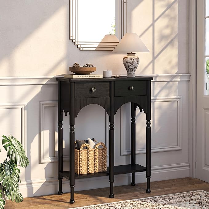 Console Table with 2 Drawers & Shelf, 28" Mid-Century Modern Entryway Table, Retro 2-Tier Sofa Table, Wooden Accent Table for Living Room, Hallway, Black