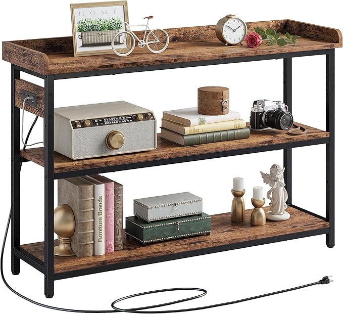 IRONCK Console Table, Sofa Table with Power Outlet, Farmhouse Hallway Table for Entryway, Living Room, Height Adjustable, Easy Assembly, Rustic Brown, 43"