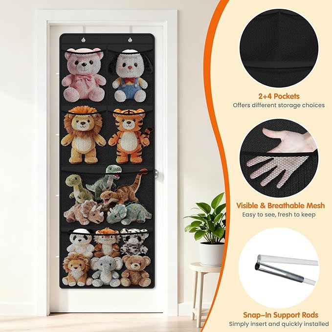 SpaceHacks Stuffed Animal Storage - Large Over the Door Organizer with 6 Expandable Mesh Pockets & Metal Hooks, Non-Woven Fabric Hanging Plush Items Holder for Nursery, Bedroom, Playroom (Black)