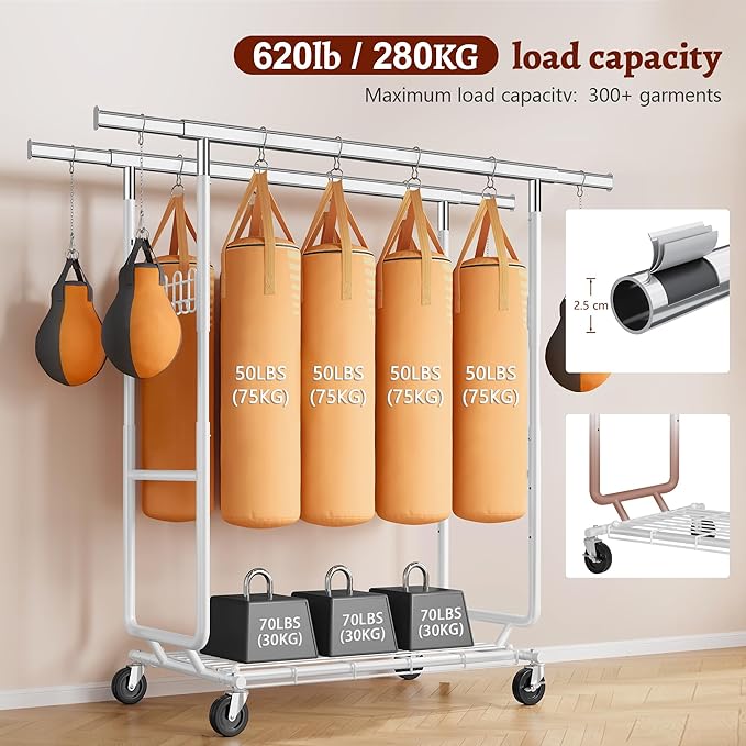 FAVOOSTY Heavy Duty Clothes Rack for Hanging Clothes with Double Rods, Rolling & Extending Clothing Rack with Wheels, Garment Coat Rack Freestanding, Portable, White