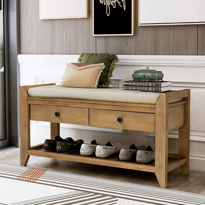 LUMISOL Storage Bench, Shoe Rack with Upholstered Seat and 2 Drawers, Solid Wood Entryway Storage Bench with Shoe Rack for Entryway, Living Room, Bedroom, Old Pine