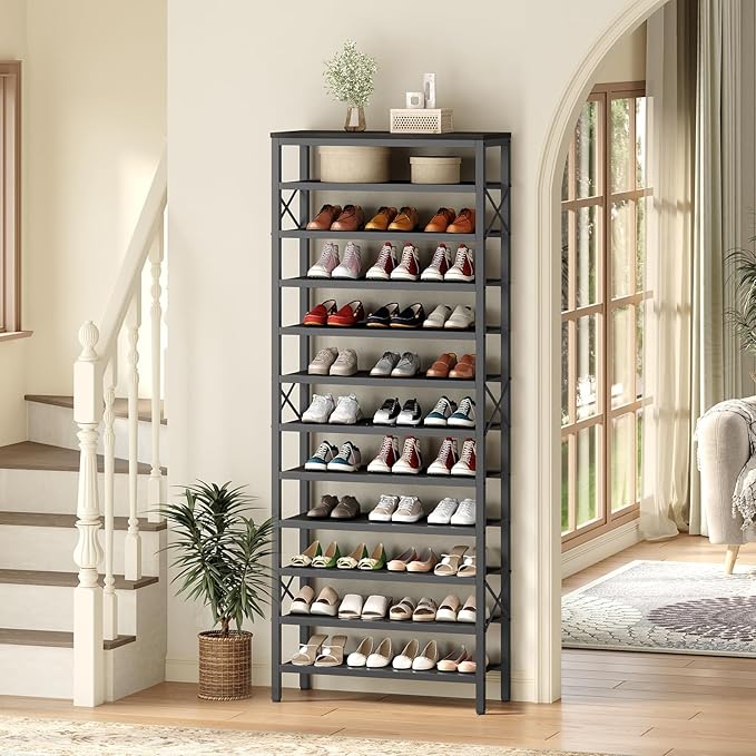 YATINEY 12-Tier Tall Shoe Rack Organizer, Wooden Shoe Storage for Closet Holds 48 Pairs, Sturdy Shoe Shelf with X-Shaped Metal Support, for Entryway, Bedroom, Black SS212BB