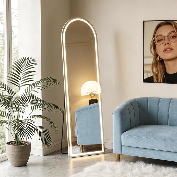 NEWBULIG 71"x26" Arched Full Length Mirror with Light, 3 Color Lighting Full Body Floor Mirror with Aluminum Alloy Thin Frame, Wall or Standing Mirror for Bedroom, Living Room, Dressing Room, White