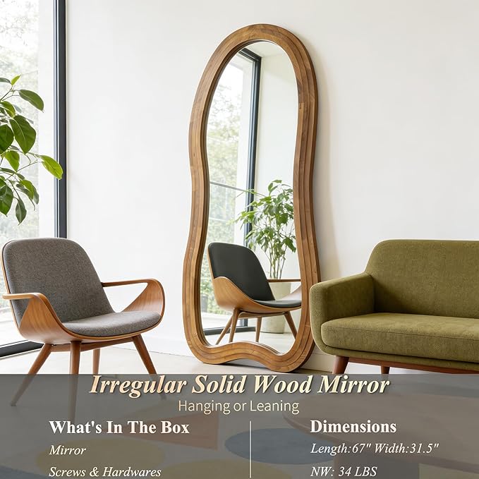 Large Irregular Floor Mirror, 67"x31.5" Organic Shaped Mirrors with Triple-Layer Solid Wood Frame, Asymmetrical Full Length Mirror for Entryway Living Room Bedroom Hallway, Leaning/Hanging