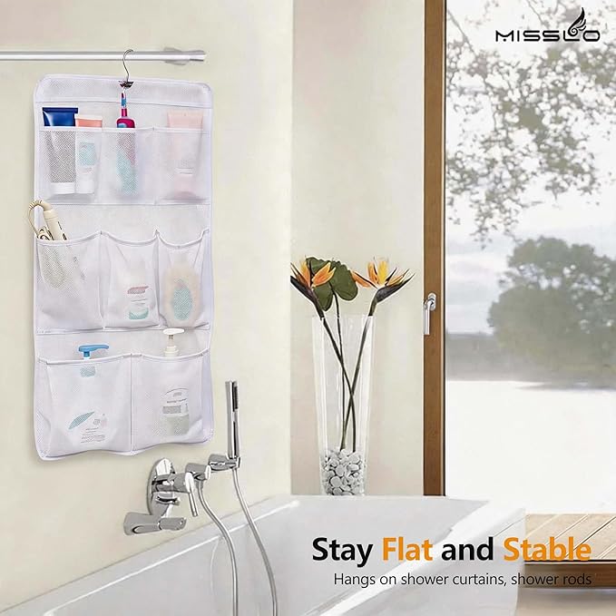 MISSLO 8 Pockets Mesh Shower Organizer Hanging Caddy with Rotating Hanger Quick Dry Bathroom Storage (White)