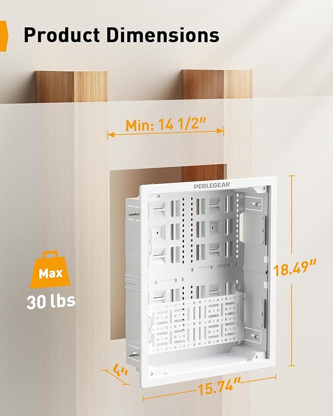 Perlegear 17″ in-Wall Media Box, Electrical Box, Recessed Outlet Box and Media Enclosure for One Connect Box & Network Switches, Cable Management Kit with Cutting Template, Dust Bag & Drywall Saw