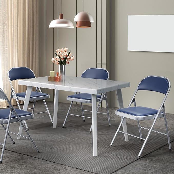 VINGLI 1 Pack Folding Chairs with Padded Seats, Metal Frame with Pu Leather Seat & Back, Capacity 350 lbs, Set of 1, Blue