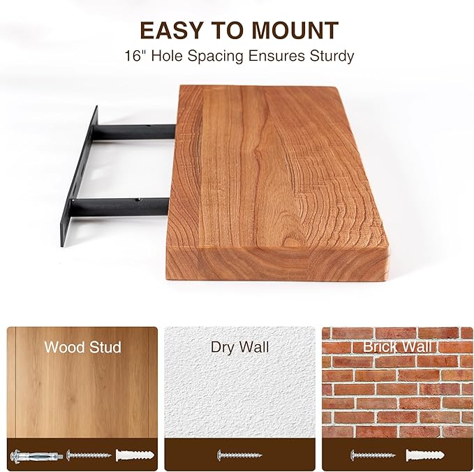24 Inch Floating Shelves, Solid Wood Wall Shelves, 8 Inch Deep Floating Shelf – for Bathroom, Bedroom, Living Room, Kitchen, Home Decor & Storage, Heavy-Duty Wooden Shelf Wall-Mounted, Set of 2