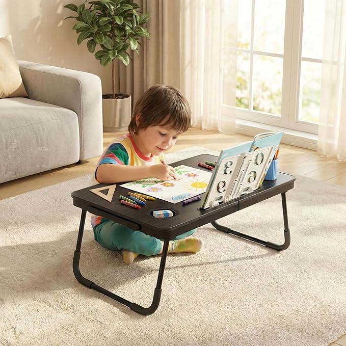 BUYIFY Foldable Laptop Bed Desk for Couch, Sofa - Large Lap Desk Tray Table with Cup Holder and Tablet Slot - Portable Notebook Stand for Eating, Writing, Studying and WFH (Black)-OKS1