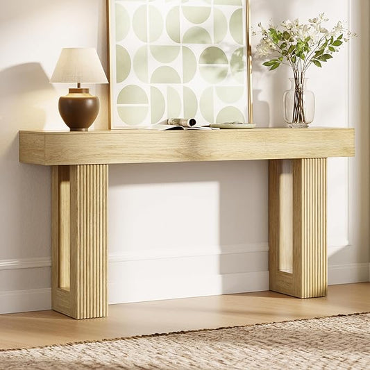 63" L x 33" H x 12" D Fluted Console Table, Modern Japandi Ribbed Entryway Table, Extra Long Sofa Table Behind Couch, Chunky Wood Hallway Table for Living Room, Oak Natural