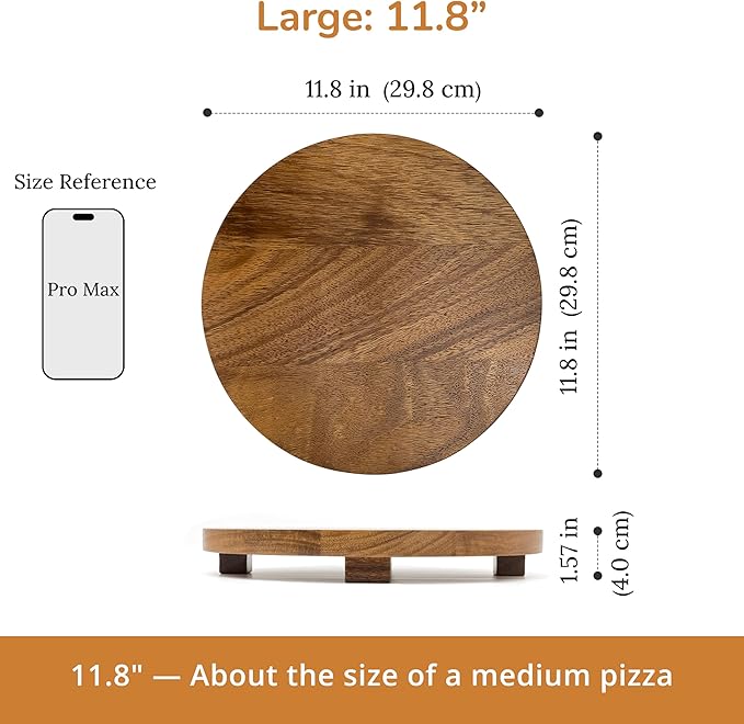 Round 11.8" Acacia Wood Decorative Tray – Farmhouse Wood Riser Pedestal Stand for Kitchen and Bathroom Decor, Counter Display, Vanity Tray (Large, 11.8" Dia)