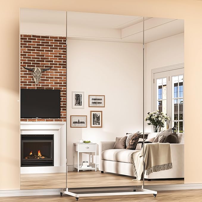 Hasipu Large Full Length Rolling Mirror - 71"×71" Tri-Fold Full Body and Tempered Glass Movable Home Gym Mirror on Wheels with Stand for Gym, Dance Studio, Fitness Room, and Home