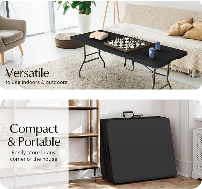 5 Pack of 6 Foot Foldable Table with Built in Handle & Steel Legs ,Heavy Duty Portable ,Perfect for Party, Dining, Wedding, Events, Picnic Indoor, Outdoor, Camping, Utility, Folding(Black-5pac)