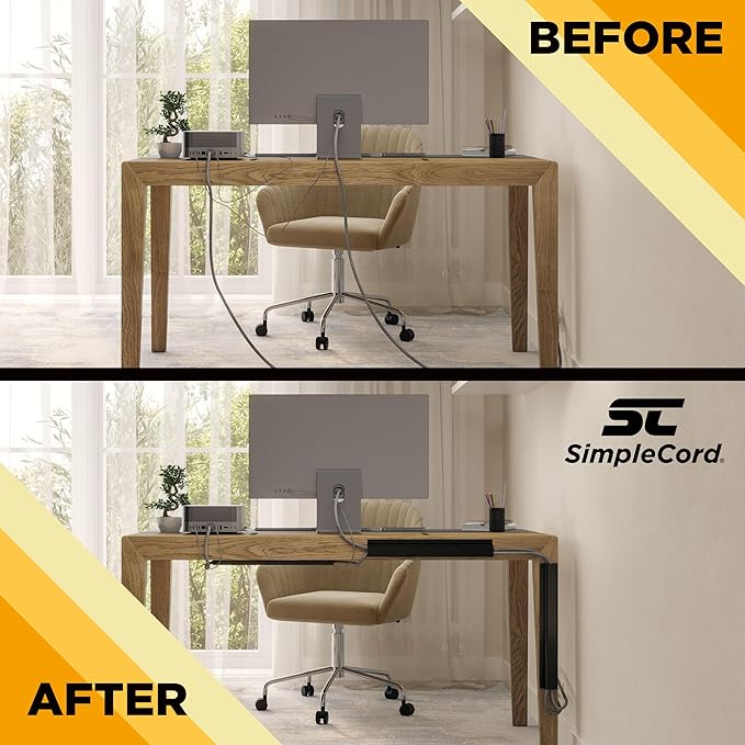 Simple Cord 5 Pack of 16-Inch J Channel Cable Management Under Desk - Easy to Install Adhesive Mount Cord Organizer for Desk, Home Office, No-Drill Wall Cable Organizer (Black)