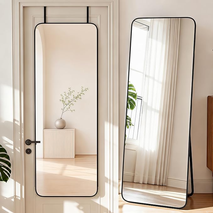 NARCISSUS 57x20 Mirror Door Hanging Full Length Body with Floor Stand or Wall Mounted Metal Aluminum Frame Tempered Glass Rectangle Mirrors for Bedroom Dressing Living Room Bathroom 57 inch Black