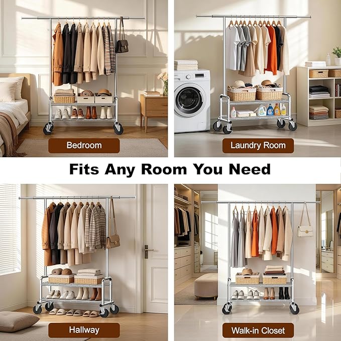Heavy Duty Clothing Rack with Shelves, 660 LBS Capacity Rolling Metal Clothes Rack with Lockable Wheels, Garment Rack for Bedroom, Laundry Room, Portable Closet Organizer, Silver
