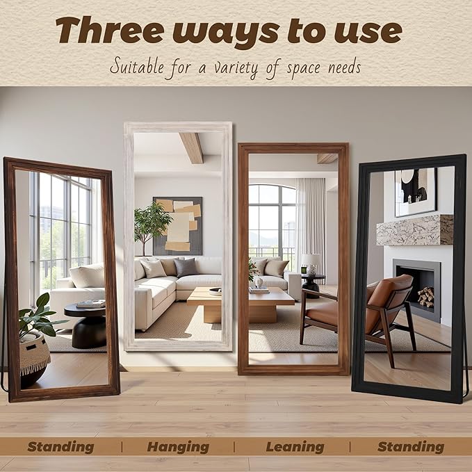 Antok Full Length Mirror with Solid Wood Frame, 81"×41" Wall Mounted Oversized Floor Mirror with Stand, Leaning Standing Hanging for Bedroom Living Room Entryway, White, Rect Style