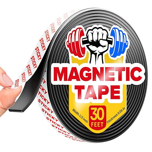 Super Sticky Magnetic Tape (30 Feet x 1/2 Inch / 9m x 1.25cm) - Strong Magnet Strip with Adhesive Backing for DIY & Crafts - Easy to Cut and Mount On Fridges, Whiteboards & More - Organization