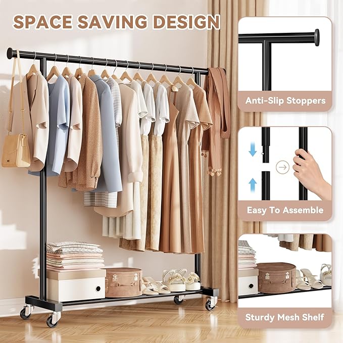 Standard Clothes Rack, Rolling 60“L Clothing Garment Rack with Wheels for Hanging Clothes, Portable Wardrobe Rack for Bedroom, Laundry Room, Black