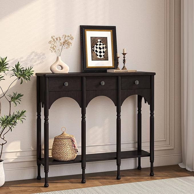 Console Table with 2 Drawers & Shelf, 40" Mid-Century Modern Entryway Table, Retro 2-Tier Sofa Table, Wooden Accent Table for Living Room, Hallway, Brown