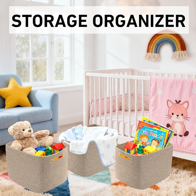 3 Pack Woven Rope Storage Baskets for Organizing,13.5"×11"×9.5"Storage Bins for Shelves,Perfect for Toys,Books,Towels,Clothes,Empty Gift Baskets for Nursery,Living Room&Bedroom(Mix Brown)