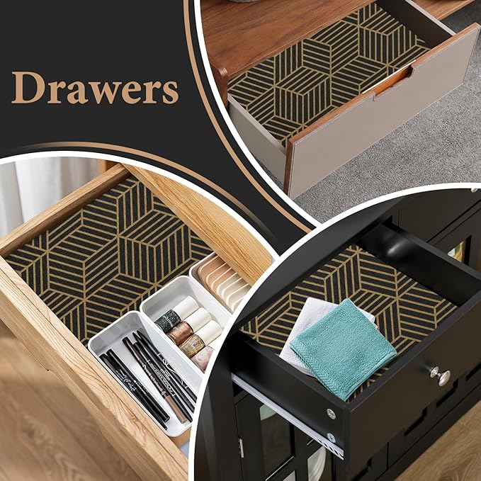 Shelf Liners for Kitchen Cabinets 23in x 30FT, Non Adhesive Cabinet Liner Strong Non-Slip Black Gold Geometric Drawer Liner, Easy to Clean for Shelf, Cabinet with Knife and Tape Measure