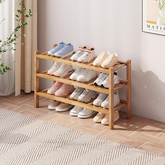 Bamboo Shoe Rack Organizer for Closet and Entryway - Space-Saving Narrow Shoe Stand - Versatile Shoe Holder for Door or Closet Shelf, Bedroom can Freely Stack DIY Small Shoe Racks 3 Tier Bamboo color