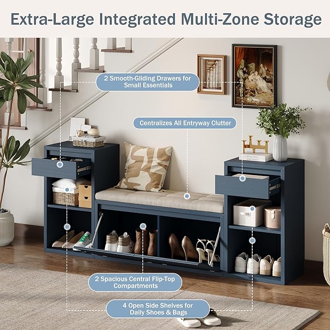 Merax All-in-One Shoe Storage Bench with Cushion & Flip Compartments, Entryway Bench with Drawers and Open Shelves, Solid Wood Vintage Storage Bench for Mudroom Hallway Living Room, Antique Navy