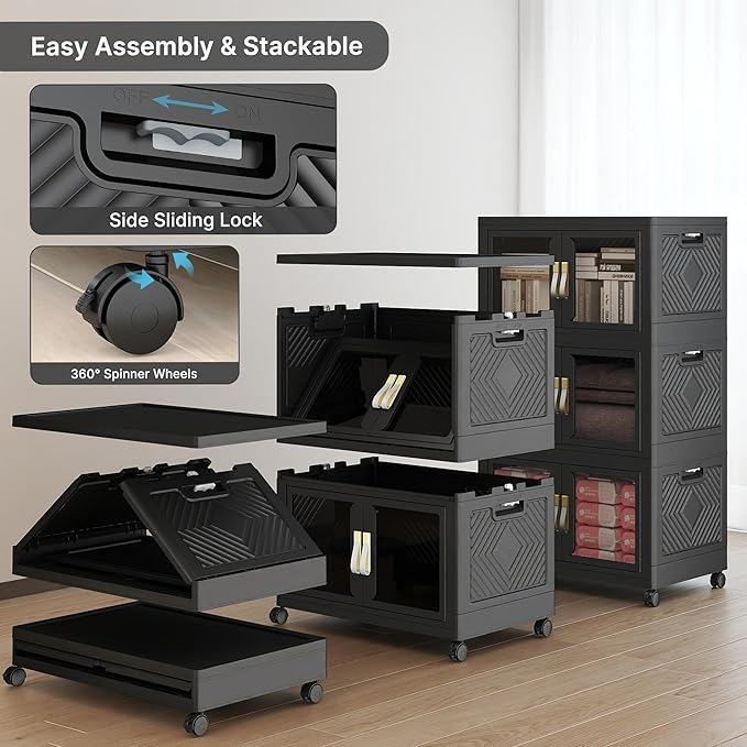 UAMFURI Stackable Storage Bins with Lids, Clear Doors, Large Storage Cabinet Foldable Collapsible Closet Organizers for Bedroom Dorm Office (3, Black, 120, Quarts)