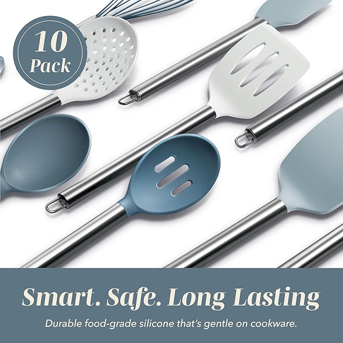 COOK WITH COLOR Silicone Cooking Utensils, Kitchen Utensil Set, Easy to Clean Silicone Kitchen Utensils, Cooking Utensils for Nonstick Cookware, Kitchen Gadgets Set, 10 Pieces, Blue and White