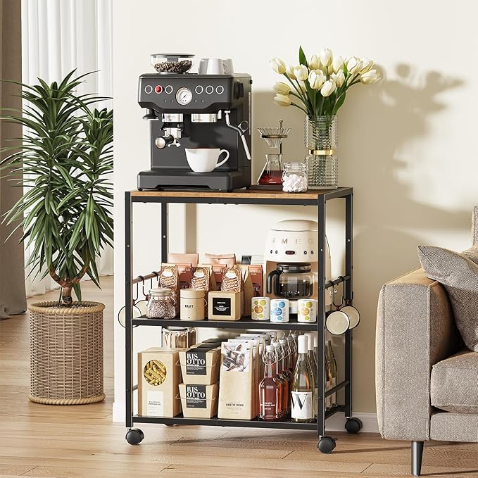Rolling Kitchen Microwave Cart, 3-Tier Microwave Stand with Adjustable Shelf, Kitchen Storage Cart on Lockable Wheels, Coffee Bar Cart Shelf Rack Organizer for Kitchen, Living Room, Office, Balcony