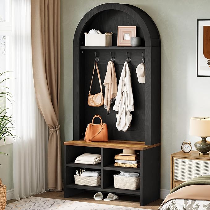 Tribesigns Arched Hall Tree with Bench and Shoe Storage, 70.87" H Tall Coat Rack with Shoe Bench, 4-in-1 Entryway Coat Rack with 4 Hooks & Storage Cubbies, for Mudroom, Hallway, Bedroom, Black＆ Brown