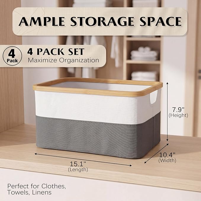 Hushee 4 Pack Bamboo Fabric Storage Bins for Shelves, 15"x10"x7.9" Collapsible Storage Baskets for Organizing, Two-Tone Foldable Bins for Clothes, Towels, Linens(White with Grey)