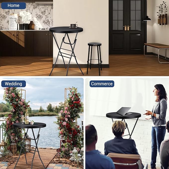 Byliable Cocktail Table 28in High Top Round Folding Indoor Outdoor, Plastic Bar Height Foldable Bistro Tall Table for Party, Patio, Dining Room, Kitchen, Events, Removable Locking Legs, Black